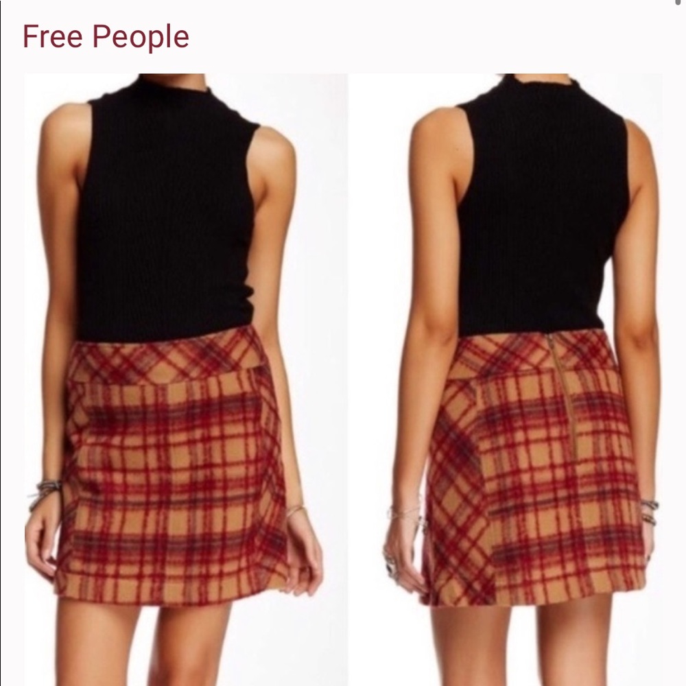 Free People Size 8 Camel Combo Tan Red Plaid Wool Blend Mini Skirt Lined - Picture 2 of 11